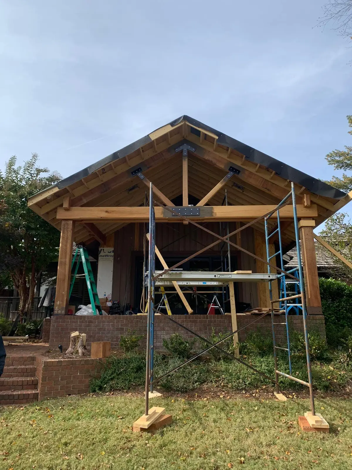 Timber framing during construction of a covered porch