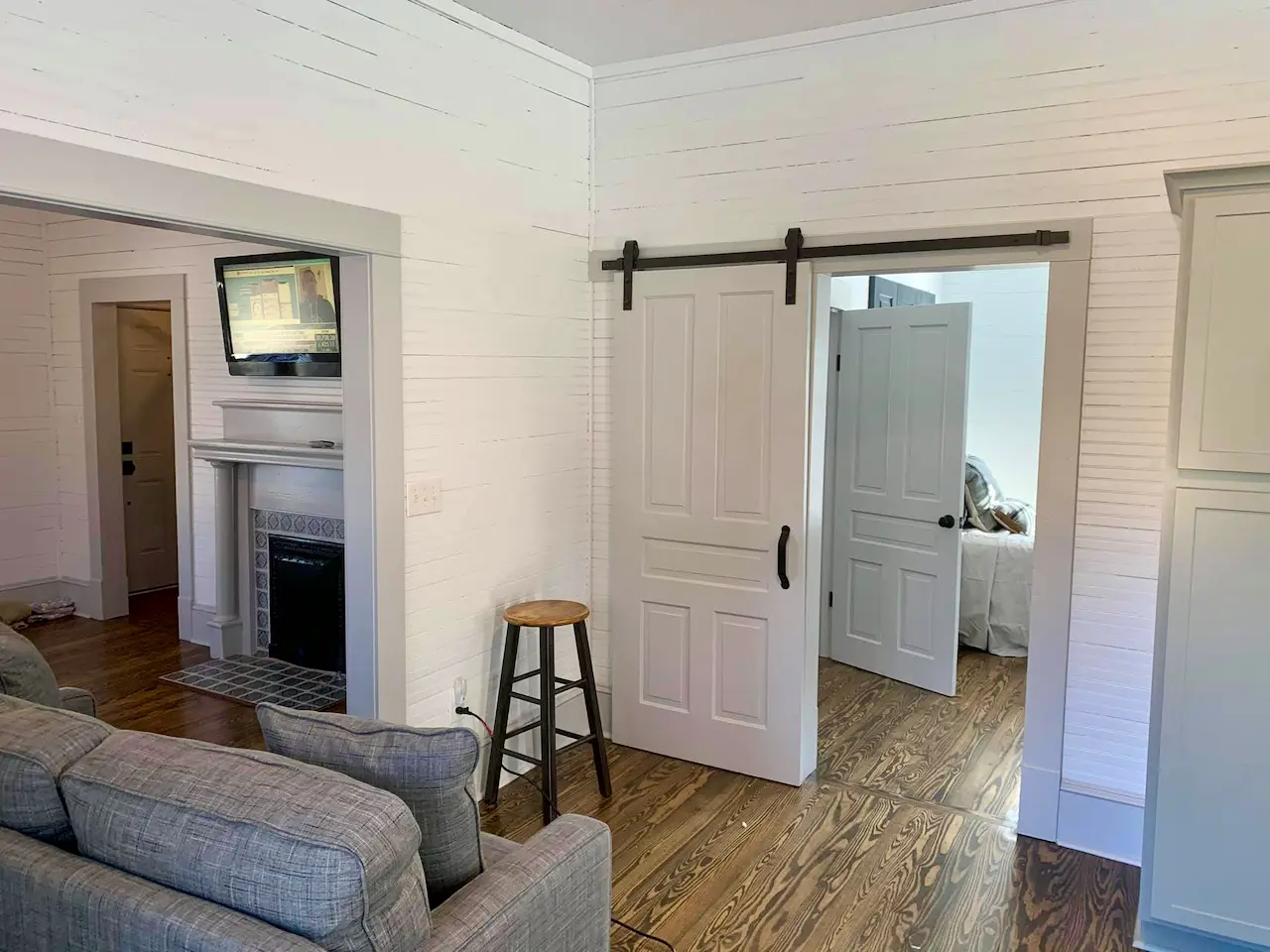 Living room with sliding barn door